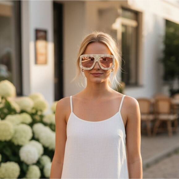 Gucci Designer Cream Gold Logo Statment Sunglasses Italy main image 4